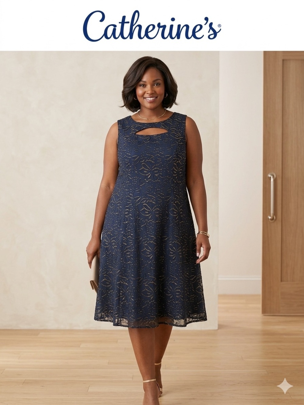 Catherines Navy Midi Dress with Gold Lace Accents